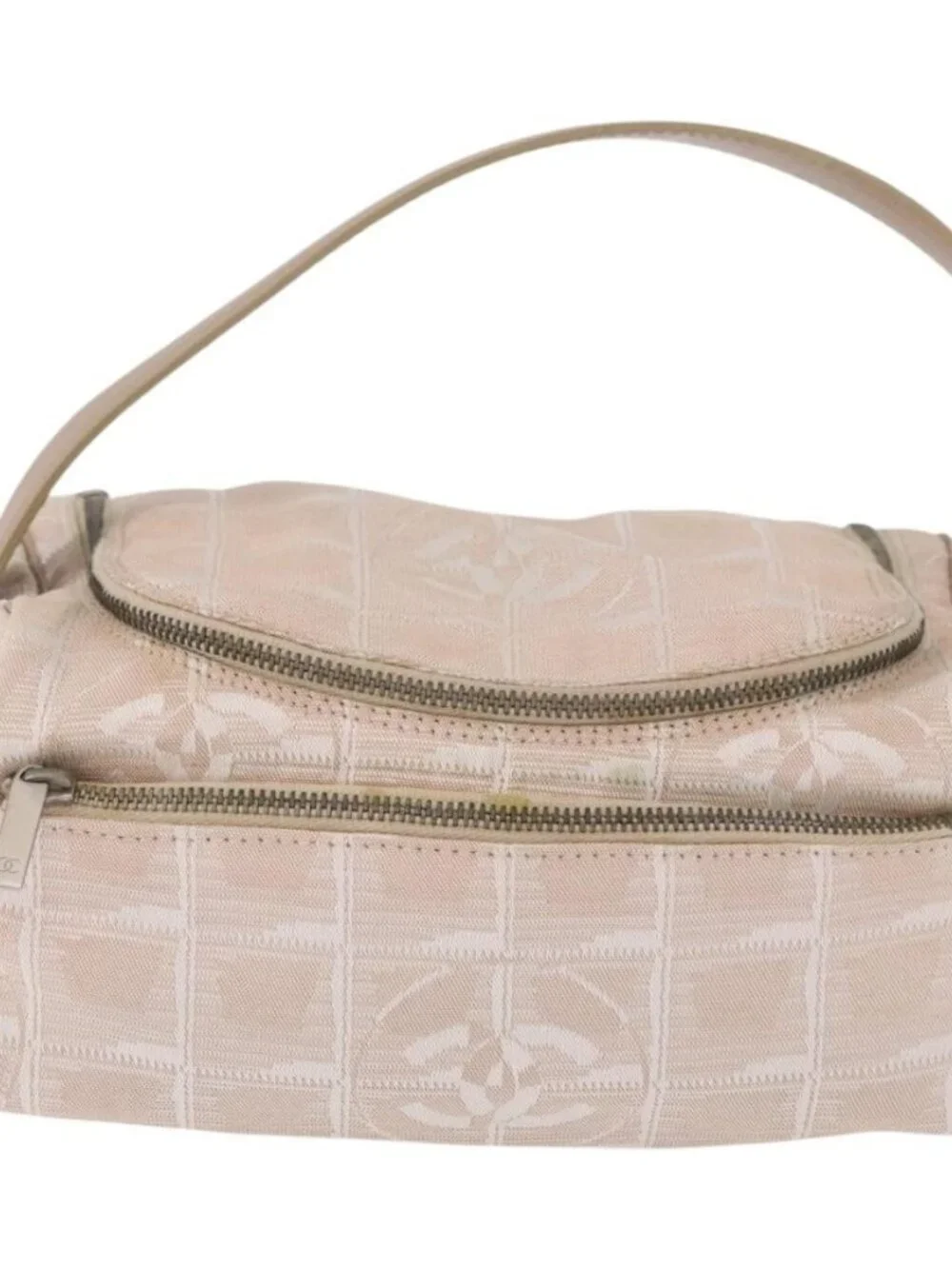 CHANEL New Travel Line Hand Bag Canvas Beige Silver CC Auth 183877